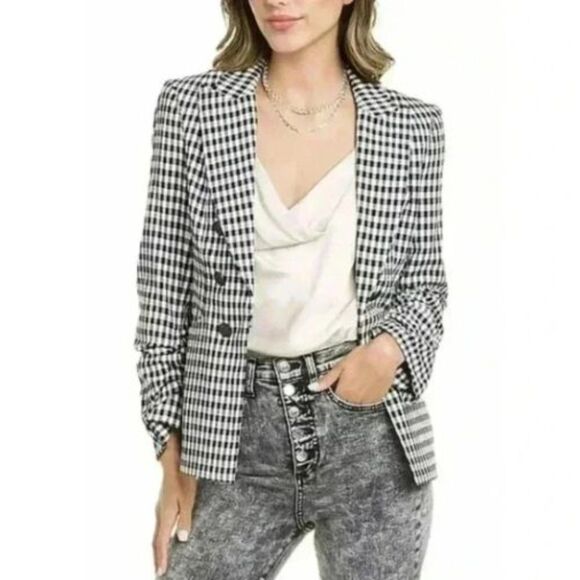 Veronica Beard Jackets & Blazers - Veronica Beard Blazer 4 Black White Gingham Check Ruched Sleeve Quiet Luxury